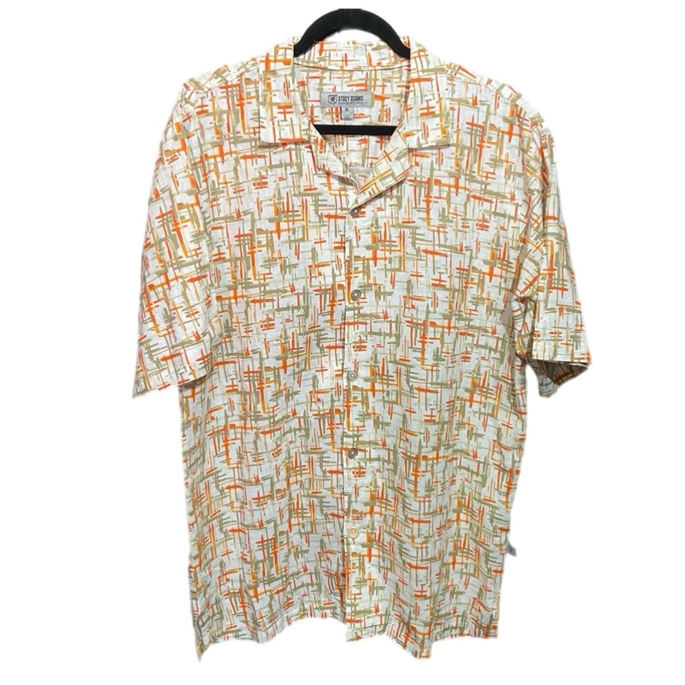 Stacy Adams Linen Button Shirt XL Short Sleeve Orange/White Resortwear Eclectic